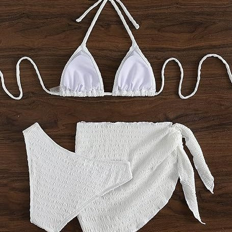 White textured lace-up split bikini swimsuit with a triangle halter top, high-cut bottoms, and matching sarong. - Image 2