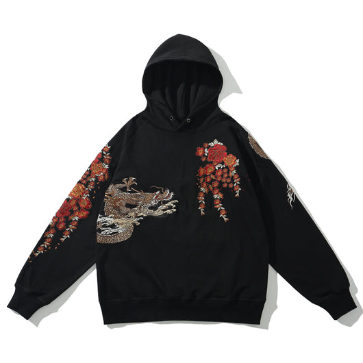 Sudadera con Capucha Bordada Dragón Estilo Industrial para Hombre