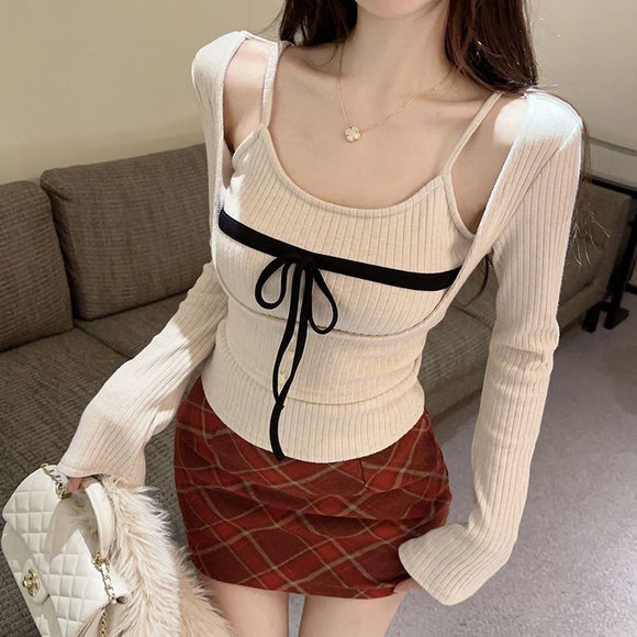 Blusa Larga con Tirantes Tipo Moño y Chaleco Base