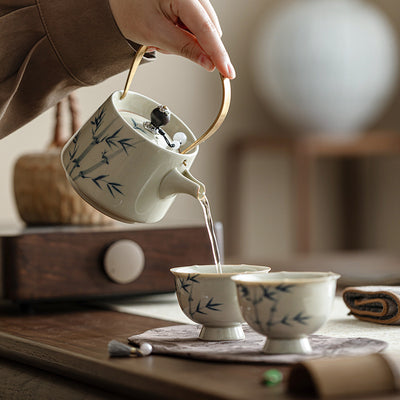 Tetera de Bambú Pintada a Mano con Juego de 2 Tazas