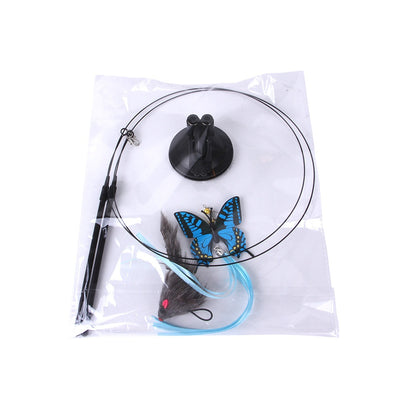 Cat sucker teaser toy with a blue butterfly, gray mouse, and light blue feathers on a black suction cup base. - Image 5