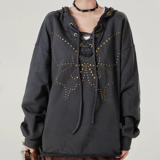 Sudadera Retro con Capucha Mujer - Cuello V Cordones y Remaches