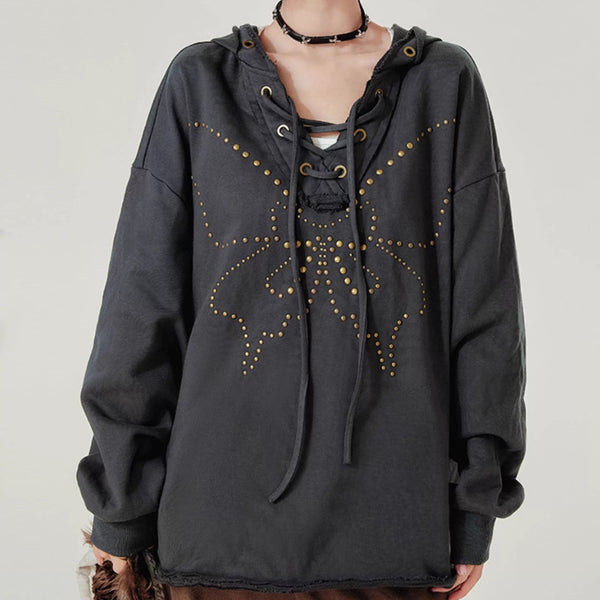 Sudadera Retro con Capucha Mujer - Cuello V Cordones y Remaches