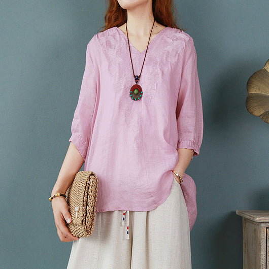 Blusa Larga Atrás Corta Adelante de Algodón y Lino con Bordado para Mujer - Image 10