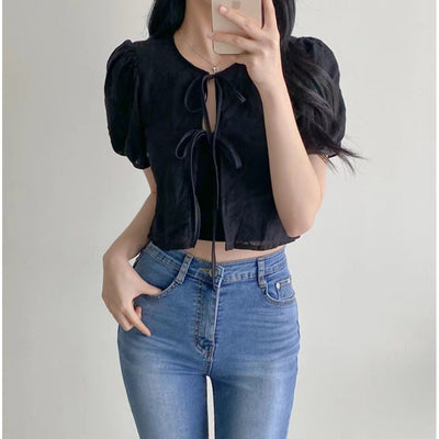 Blusa Tejida con Cordones - Manga Corta Elegante