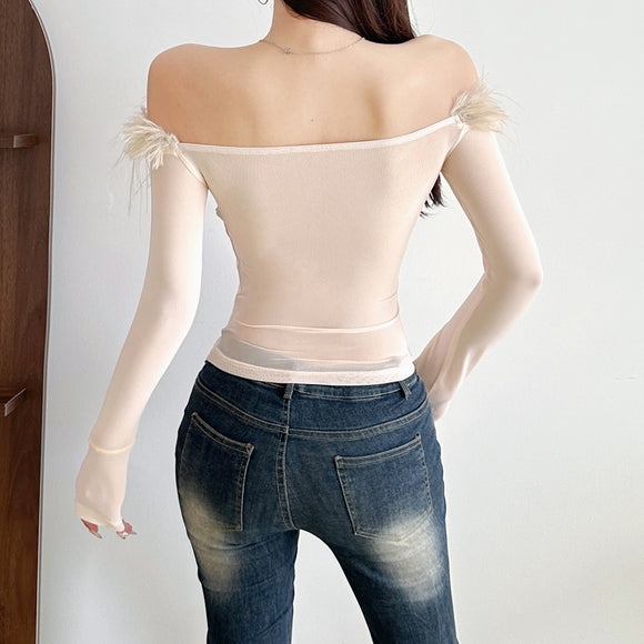 Blusa Manga Larga con Cuello Bardado y Costuras Decorativas