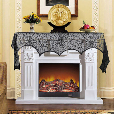 Black lace Halloween curtain with a spider web pattern and a hanging bat figure, perfect for spooky decor. - Image 6