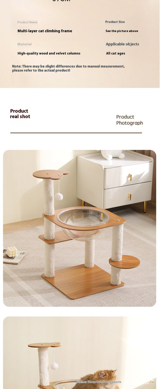 Multi-layer cat tree with a plush top bed, clear space capsule, wooden cat house, sisal scratching posts, and climbing stairs. - Image 13