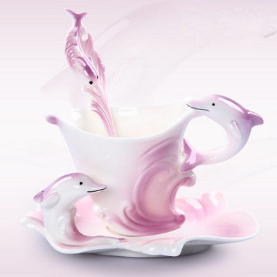 Taza de Café Delfín de Porcelana Lang Pintada a Mano con Platillo - Image 6