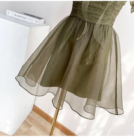 Falda Midi Cuello Cuadrado Gris Humo Verde - Elegancia para el Té - Image 8