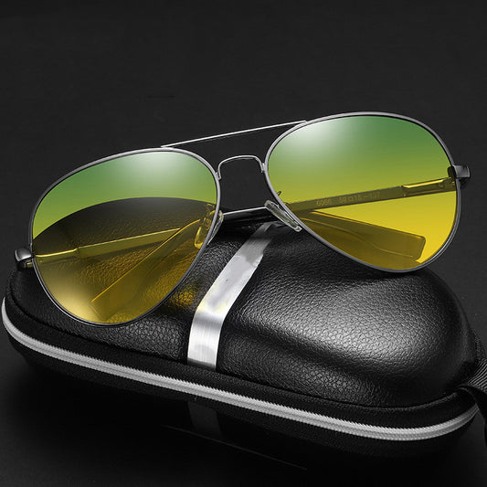Men's aviator sunglasses with black frames and polarized color-changing lenses that shift from yellow to green.