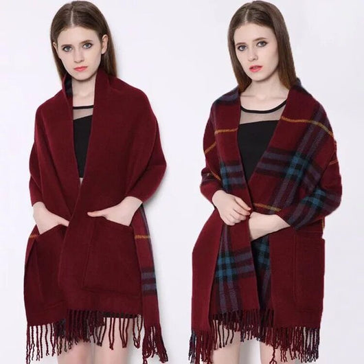 Chal Cashmere con Bolsillos y Flecos a Cuadros