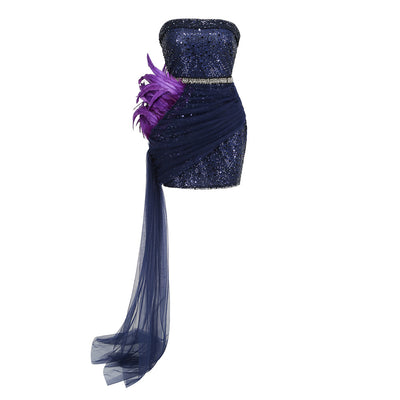 Vestido Tubo Púrpura con Lentejuelas y Costura Irregular Ajustado - Image 6