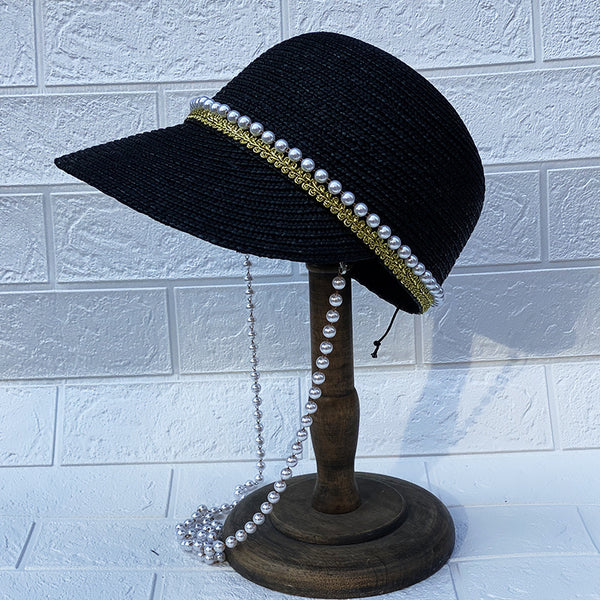 Sombrero de Paja Negro con Cadena de Perlas Artesanal