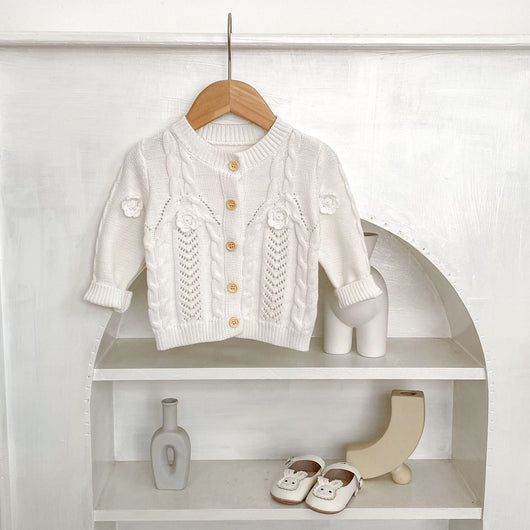 Chaqueta de Punto Tejida a Mano con Flores para Bebé Niña - Algodón Puro - Image 2