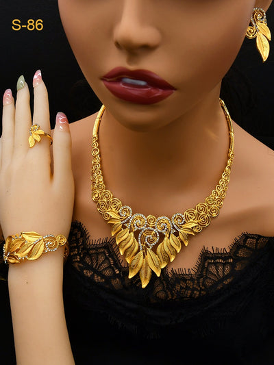 Women's Saudi bridal four-piece gold-colored jewelry set with floral and leaf designs, featuring a necklace, bracelet, earrings, and ring. - Image 13