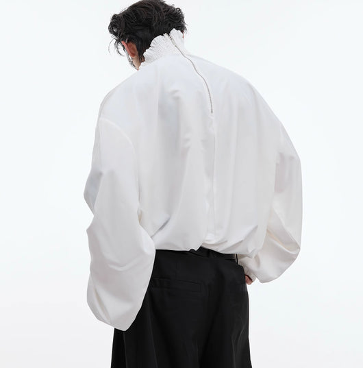 Blusa Elegante de Cuello Alto con Pliegues y Encaje - Image 10