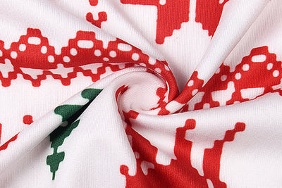 Red and white long-sleeved family matching pajamas with reindeer and snowflake pattern for dad, mom, kid, and baby. - Image 3