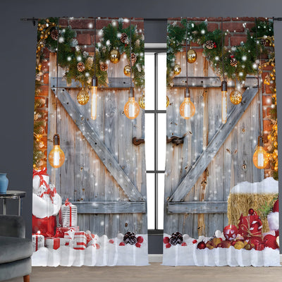 Digital printed Christmas curtains with a festive garland design, red ornaments, bows, and berries, on a white background. - Image 4