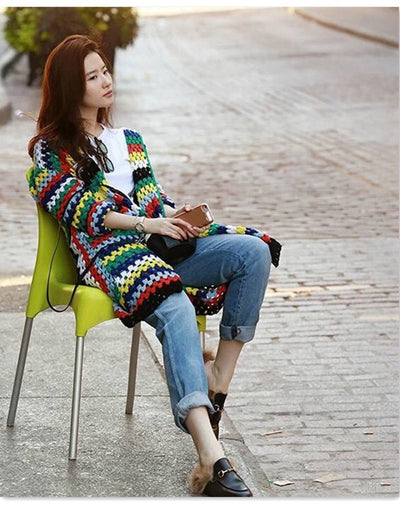 Cardigan Tejido a Mano con Capucha Arcoíris - Abrigo Suéter Largo para Otoño - Image 5