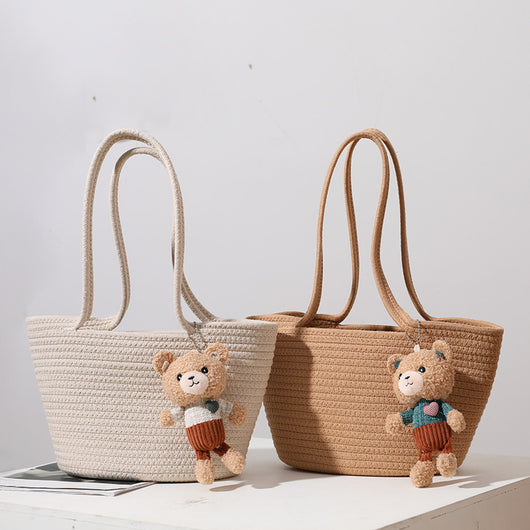 Bolsa de Hombro Tejida en Algodón con Detalles de Rafia