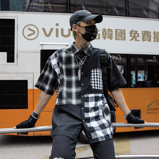 Camisa Retro Hip Hop a Cuadros con Parches de Calle - Image 4