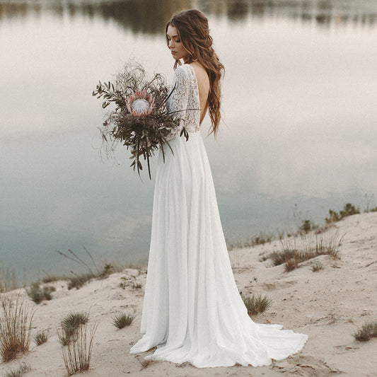 Vestido de Novia Playa Chifón Manga Larga Escote V Espalda Descubierta - Image 2
