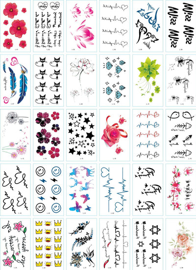 Set of 30 temporary tattoo stickers featuring pink and purple butterflies, flowers, bunnies, and moon designs. - Image 18