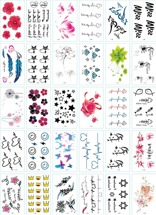 Set of 30 temporary tattoo stickers featuring pink and purple butterflies, flowers, bunnies, and moon designs. - Image 18
