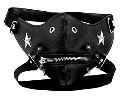 Black leather half-face mask with brass chains, spikes, and gear accents, featuring adjustable elastic straps. - Image 9