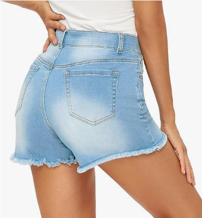 Shorts Denim Talle Alto Ajustado con Flecos - Versátil para Mujer - Image 16
