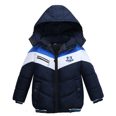 Boys' black, red, and white hooded padded jacket with chevron pattern, full zipper, and "BTR BOYS" logo. - Image 2