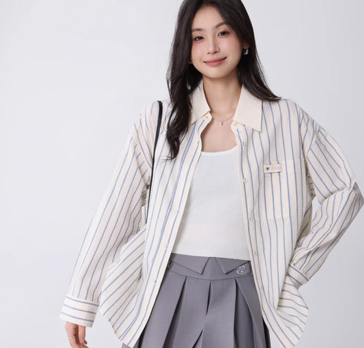 Blusa Coreana de Rayas con Textura para Mujer - Estilo Universitario