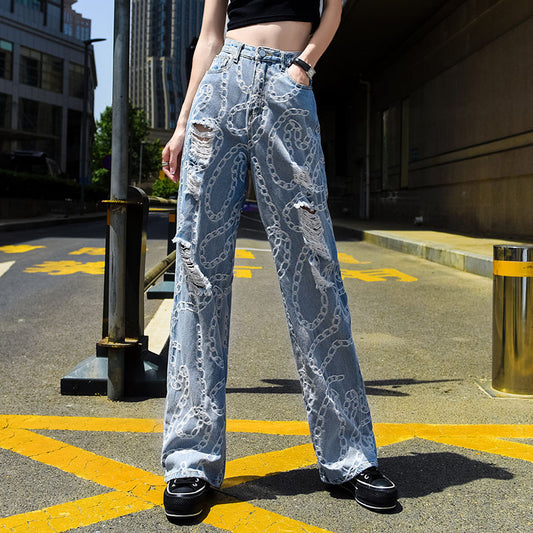 Pantalones Rectos Sueltos Rotos Estilo Papá Drapeado
