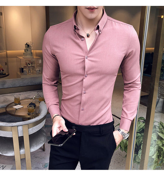 Camisa Manga Larga Estilo Gentleman Británico de Color Sólido - Image 40