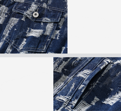 Chaqueta Denim Jacquard para Hombre Estilo Retro Japonés con Detalles Rotos - Image 8