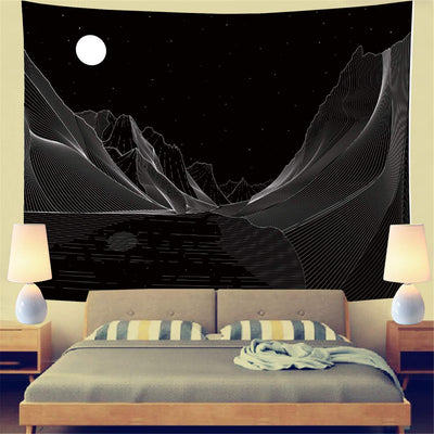 Black and white tapestry featuring a stylized sun with a face and large ocean waves with boats, inspired by Hokusai. - Image 5