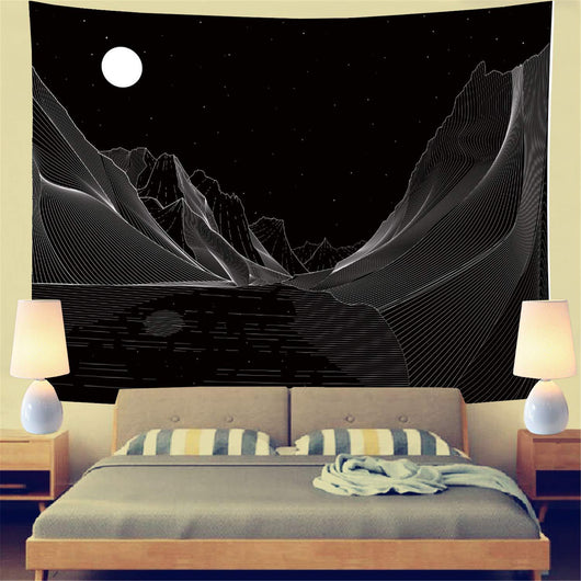 Black and white tapestry featuring a stylized sun with a face and large ocean waves with boats, inspired by Hokusai. - Image 5