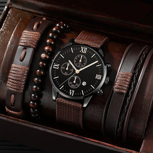 Reloj de Lona con Tres Esferas y Pulsera PU - Set Completo