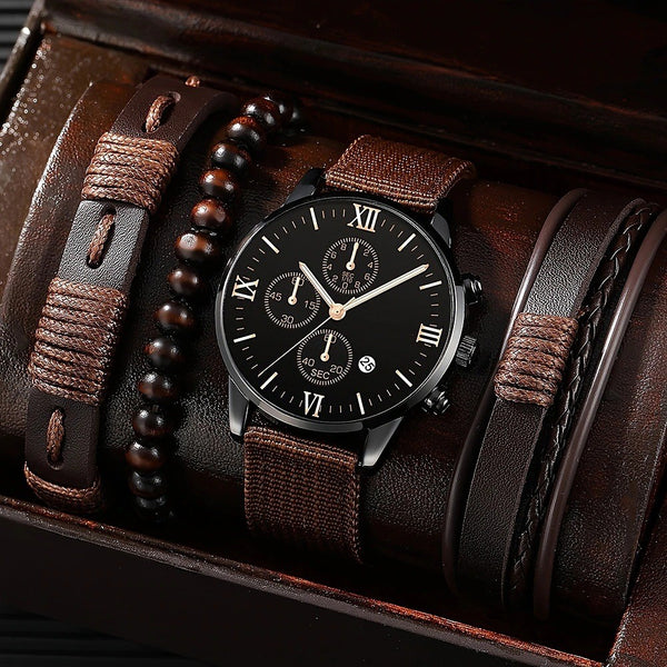 Reloj de Lona con Tres Esferas y Pulsera PU - Set Completo