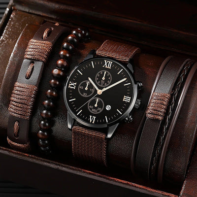 Reloj de Lona con Tres Esferas y Pulsera PU - Set Completo
