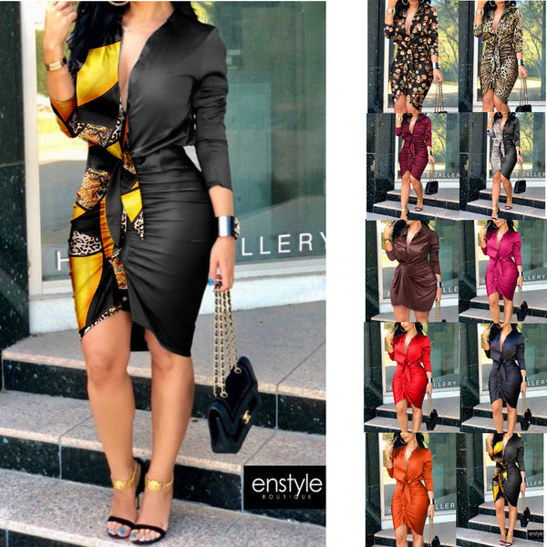 Vestido Camisero Mujer Cuello V Manga Larga Color Sólido