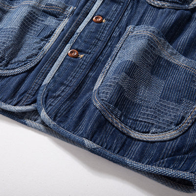 Chaleco Denim Retro Patchwork Color Block Marrón - Image 4