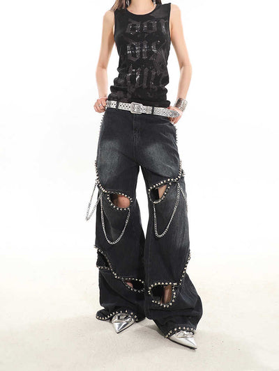 Jeans con Cadena de Remaches Hueca de Diseño Industrial - Image 5