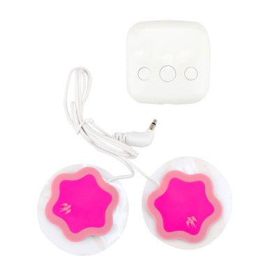 Red square TENS unit with gold bird logo, white cable, and two pink flower-shaped electrode pads for pain relief. - Image 12