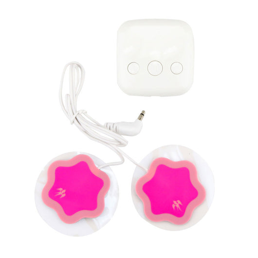 Red square TENS unit with gold bird logo, white cable, and two pink flower-shaped electrode pads for pain relief. - Image 12