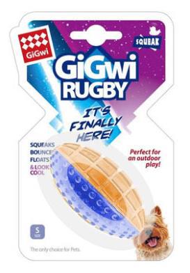 GiGwi Rugby dog toy in blue and orange, a small squeaky, bouncing, and floating rubber toy for outdoor play. - Image 2