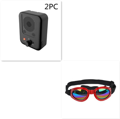 Black ultrasonic anti-barking device with a red light and a control knob, next to yellow pet goggles with rainbow lenses. - Image 11