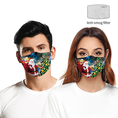 Christmas dustproof face mask with a digital print of a man's face featuring a grey beard and yellow lights.