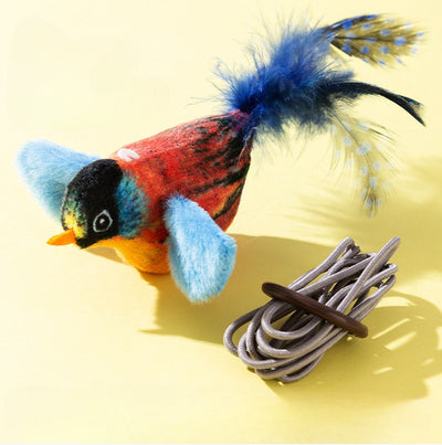 Plush bird cat toy with orange chest, grey body, feathered tail, and an elastic string for interactive play. - Image 8